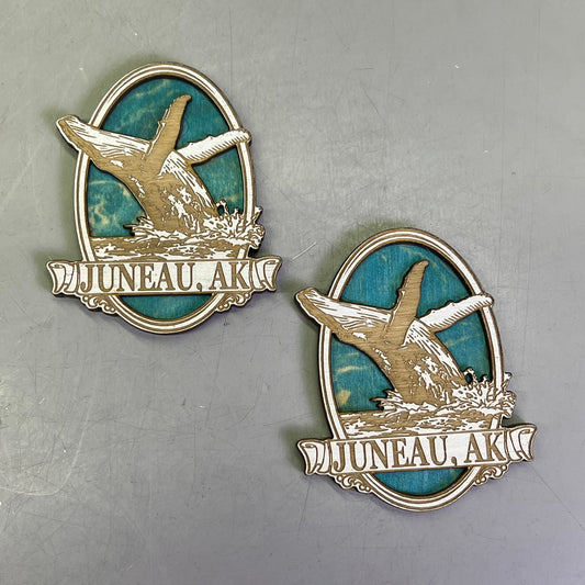 Z@ (2 PACK) Blue Whale Jump Laser Cut Wood Magnet Souvenir JUNEAU, AK Made In USA