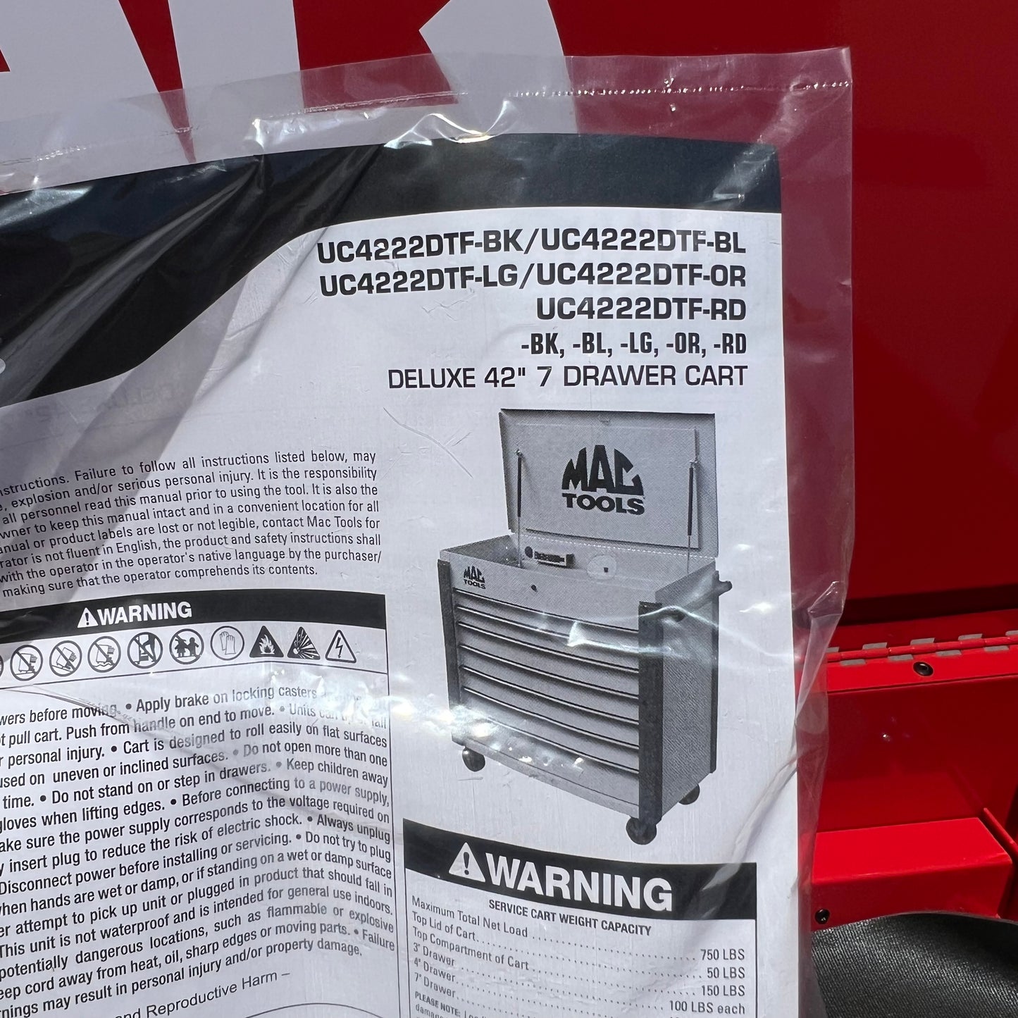 MAC TOOLS 7 Drawer Utility Cart  43" H x 41 W x 22 D Firebrick Red UC4222DTF-RD