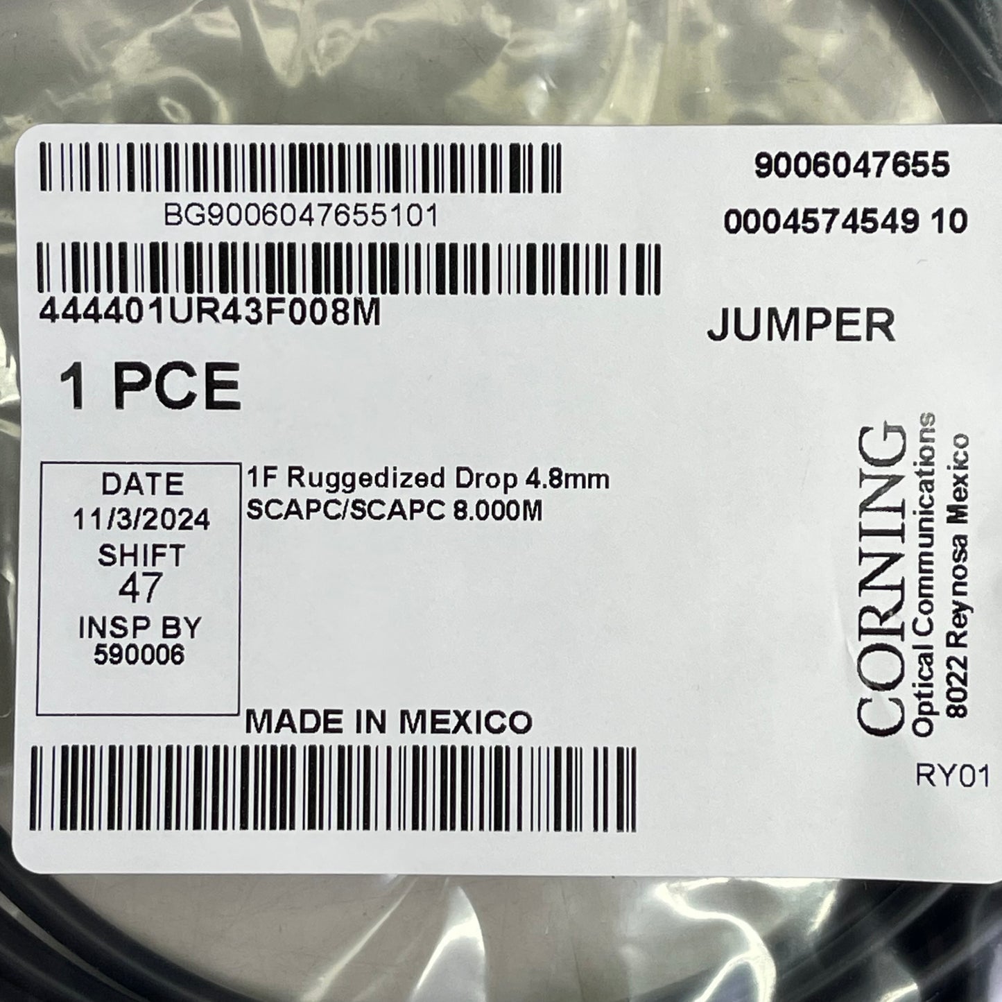 CORNING 1F Ruggedized Drop Fiber Optic Jumper SCAPC/SCAPC 8.000M 444401UR43F008M