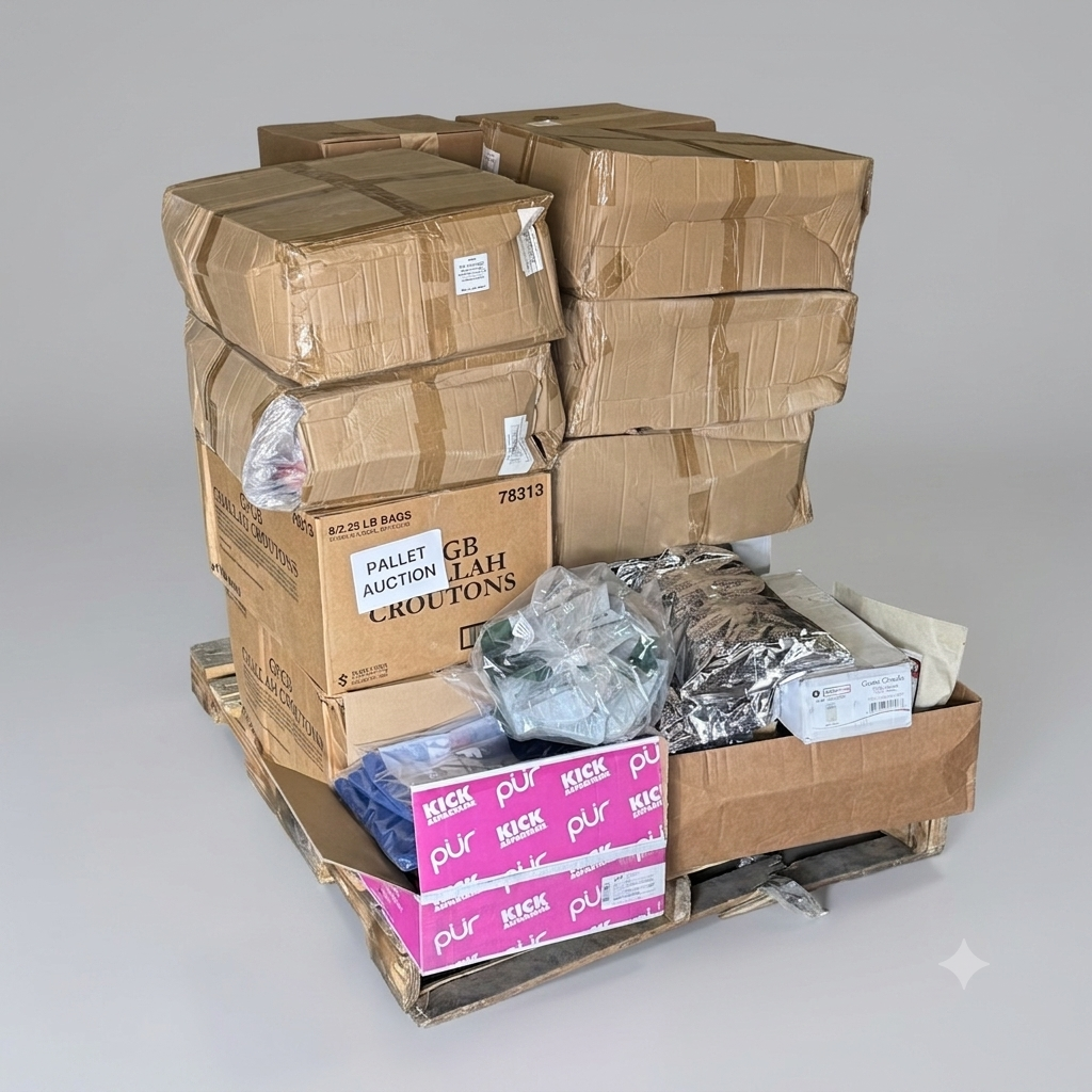 ZA@ Pallet of MIXED Chamomile, T-shirts, Pepper Sauce, Croutons, Shipping Boxes, Hole Plug, Etc… (AS-IS)