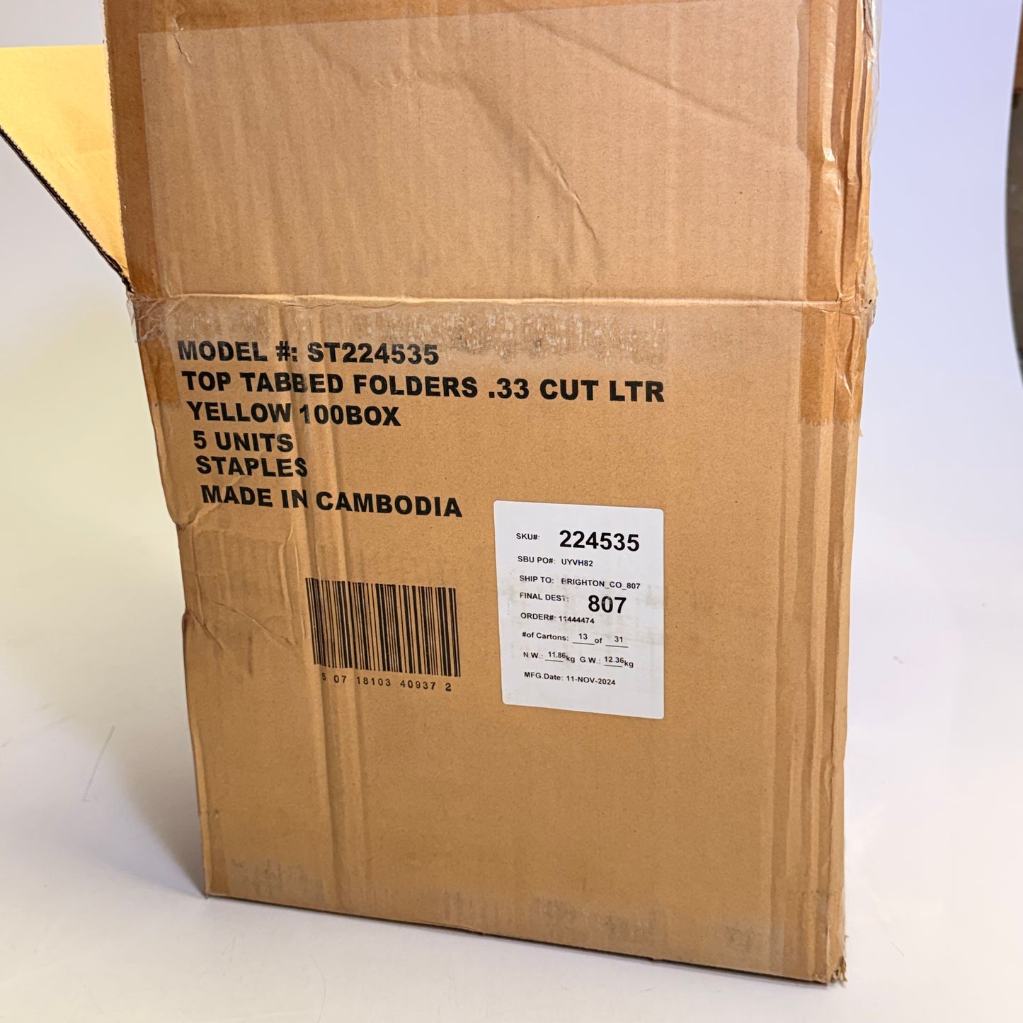 STAPLES (2 PACK, 100 Count Ea) 3 - Tab File Folders Letter Size Yellow ST224535