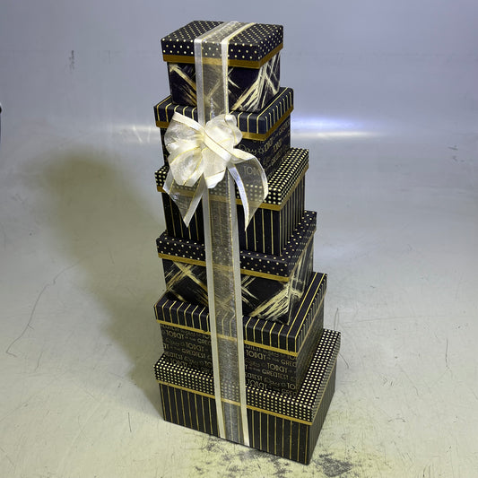 ZA@ BROADWAY BASKETEERS (SET OF 6) Bow Tied Tiered Gift Boxes W/ Treats In Each Black/Gold