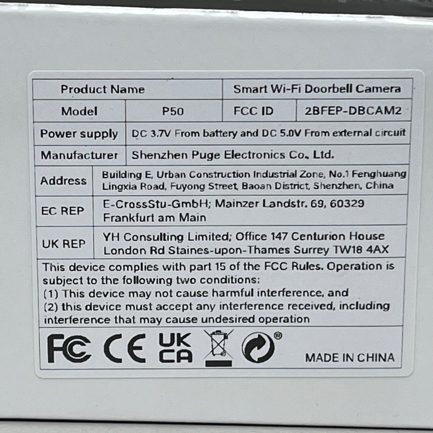 SHENZHEN PUGE ELECTRONICS Wireless Smart 2.4 GHz Wi-Fi Doorbell Camera P50 Black