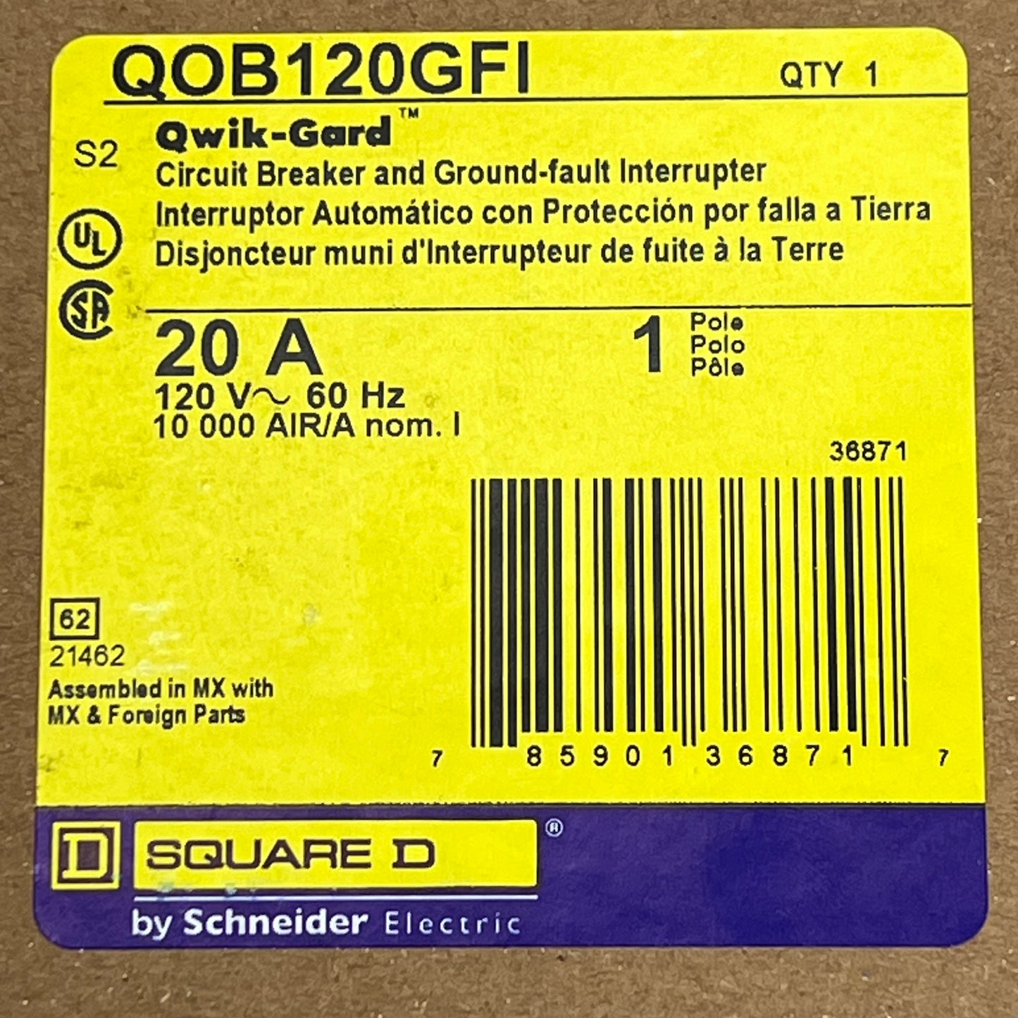 SQUARE D 20 AMP 1 Pole Circuit Breaker Bolt-On Ground Fault Interrupter 120V QOB120GFI