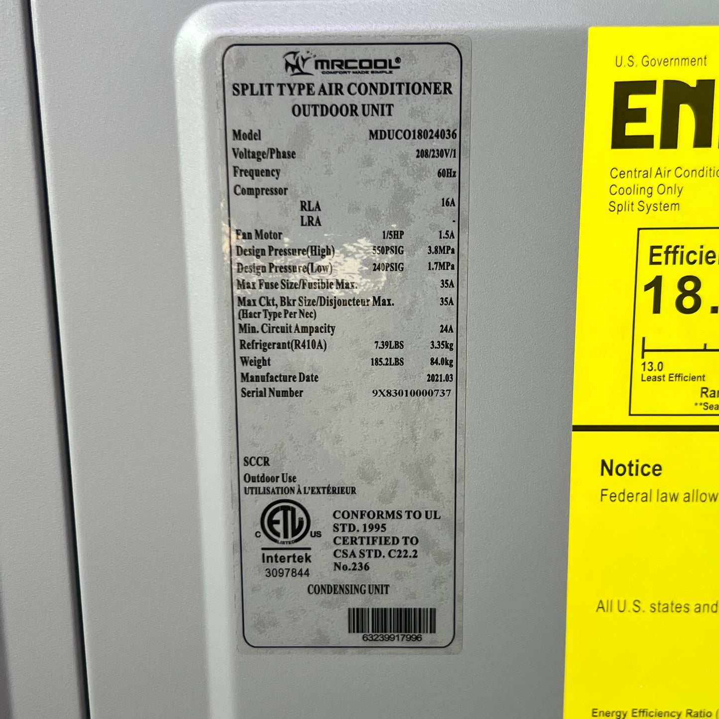 MRCOOL Split Type Air Conditioner Outdoor Unit 36000 BTU 208/230V - MDUCO18024036 (New Other, Minor Bent Fins on Condenser Coil)