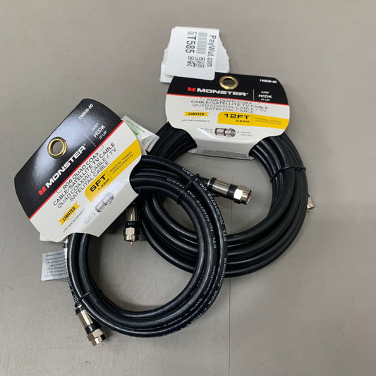 MONSTER (2Pack) RG6 Quad Coax Satellite Tv Cables 6ft, 12ft Black 140036-00,140030-00