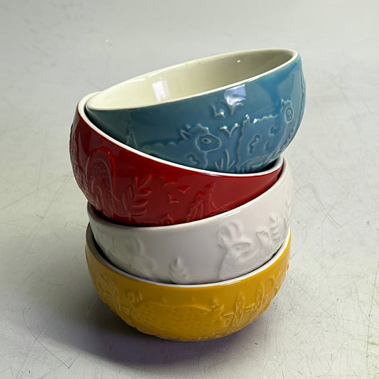 ZA@ KING ARTHUR  (SET OF 4) In The Farmyard Prep Bowls 6oz Cap Red/Yellow/White/Blue 51245