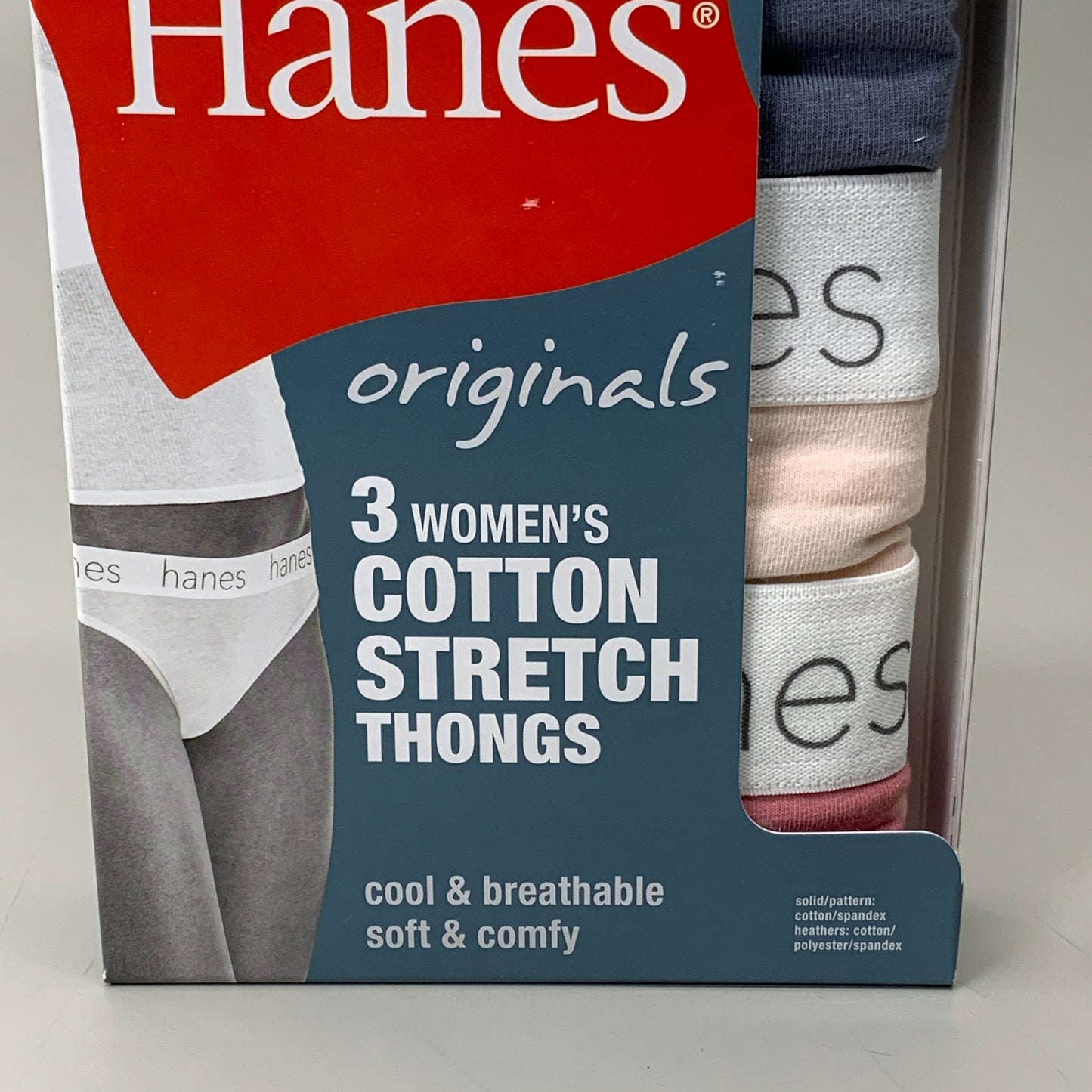 HANES 3 PACK!! Originals Women's Breathable Cotton Stretch Thongs Underwear Sz 7/L Blue/Buff/Pink 45OUBT