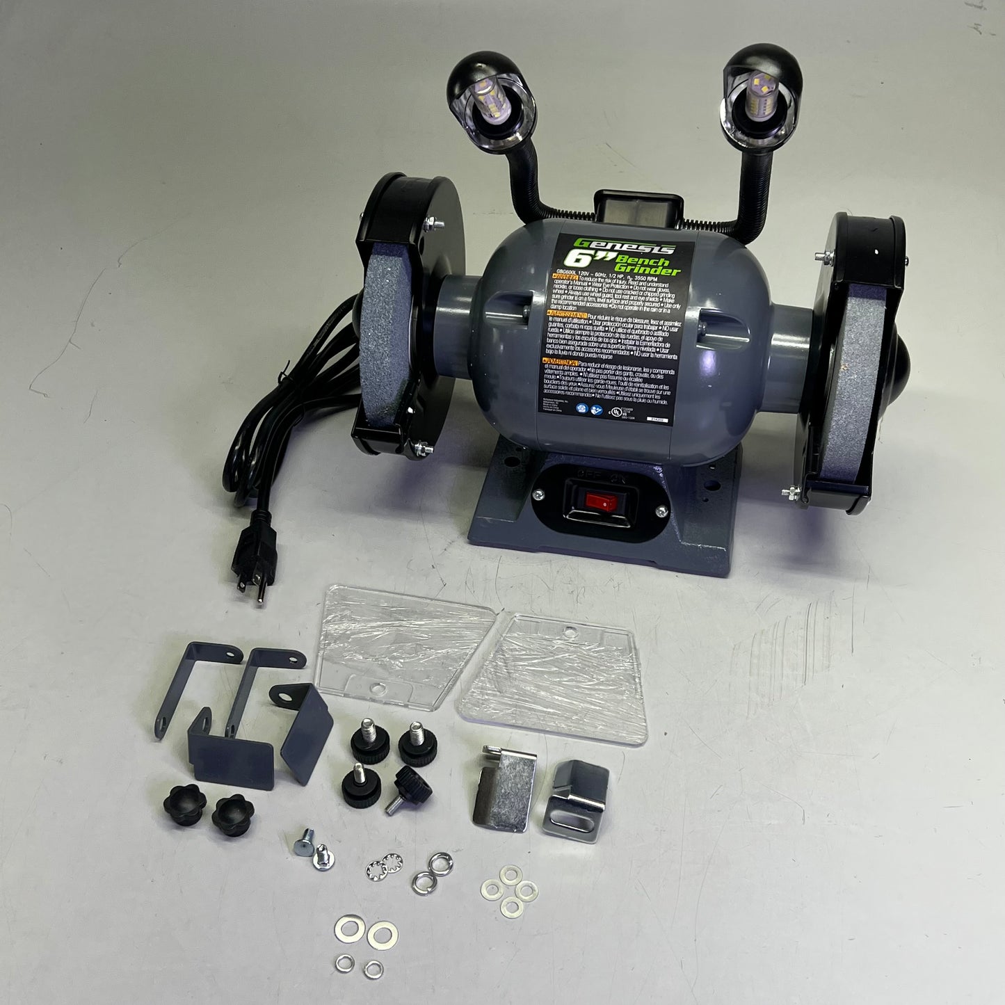 GENESIS Bench Grinder W/ Dual Flexible Lights & Eye Shield 1/2 HP Grey GBG600