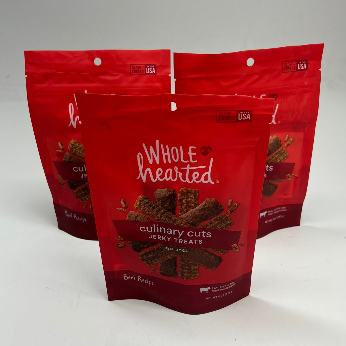 WHOLE HEARTED  (3 PACK) Culinary Cut Beef Recipe Jerky Dog Treats 4oz BB 07/27