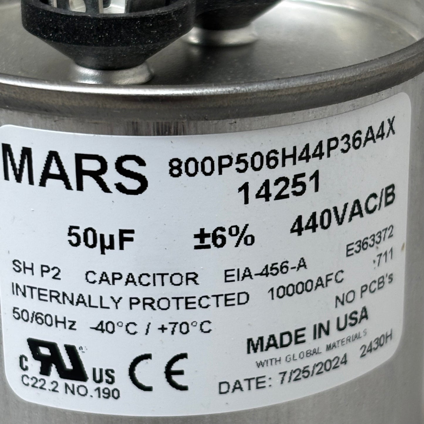 MARS Motor Run Capacitor Round 50 MFD 440/370 VAC Dual Voltage Rated 14251