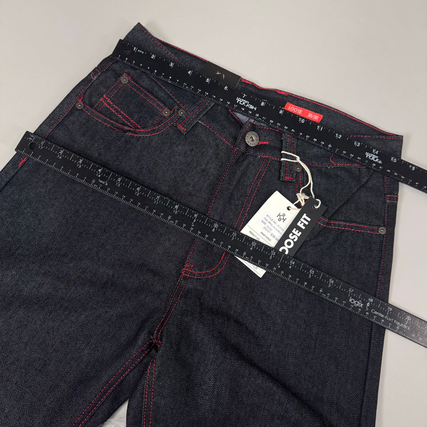 KAYDENK Raw Loose Fit Unwashed Denim Contrast Stitch Jean Men SZ 30/30 Black/Red