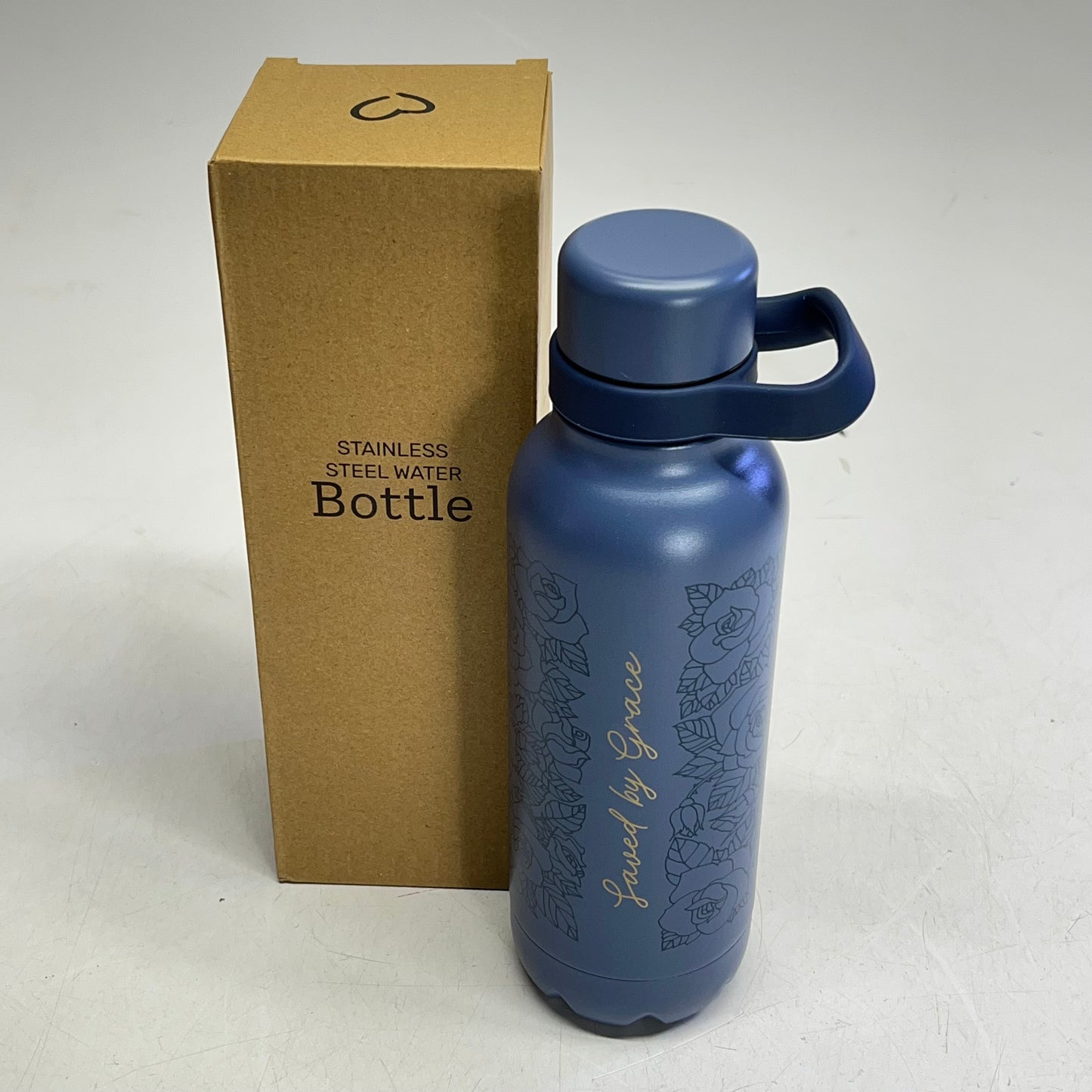 CHRISTIAN ART GIFTS Saved By Grace Floral Stainless Steel Water Bottle 24oz Bl|ue