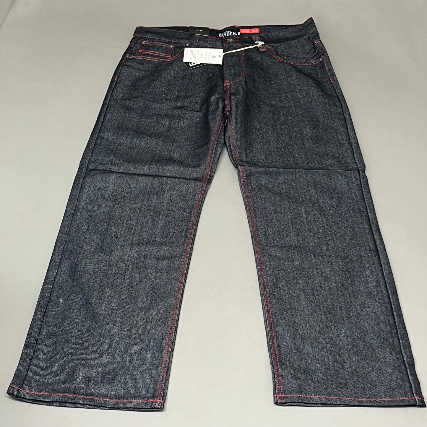 KAYDENK Raw Loose Fit Unwashed Denim Contrast Stitch Jean Men SZ 36/32 Black/Red