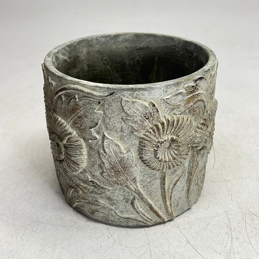 ZA@ SILVER TREE Cement Flower Pattern Plant Pot  6.5" Dia 6" Deep Grey A18601