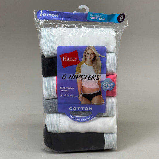 HANES (6 PACK!) Women's Hipster Cotton Underwear Sz-9 White/Black/Grey PP41SB