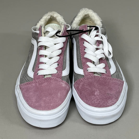 VANS Old Skool Leather & Pig Suede Sherpa Sneakers Womens 5.5 Mens 4.0 Pink Grey
