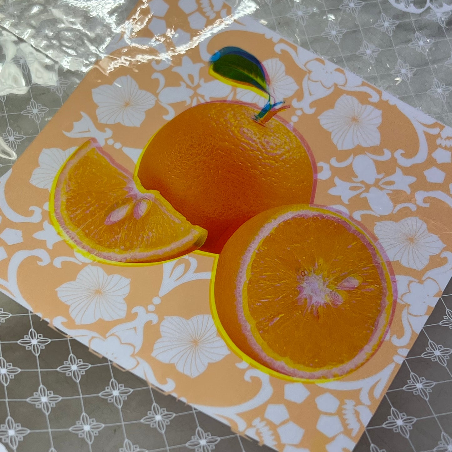 PVC Glossy Faux Lace Patchwork Fruit Dining Tablecloth Roll 54"x60' White/Orange