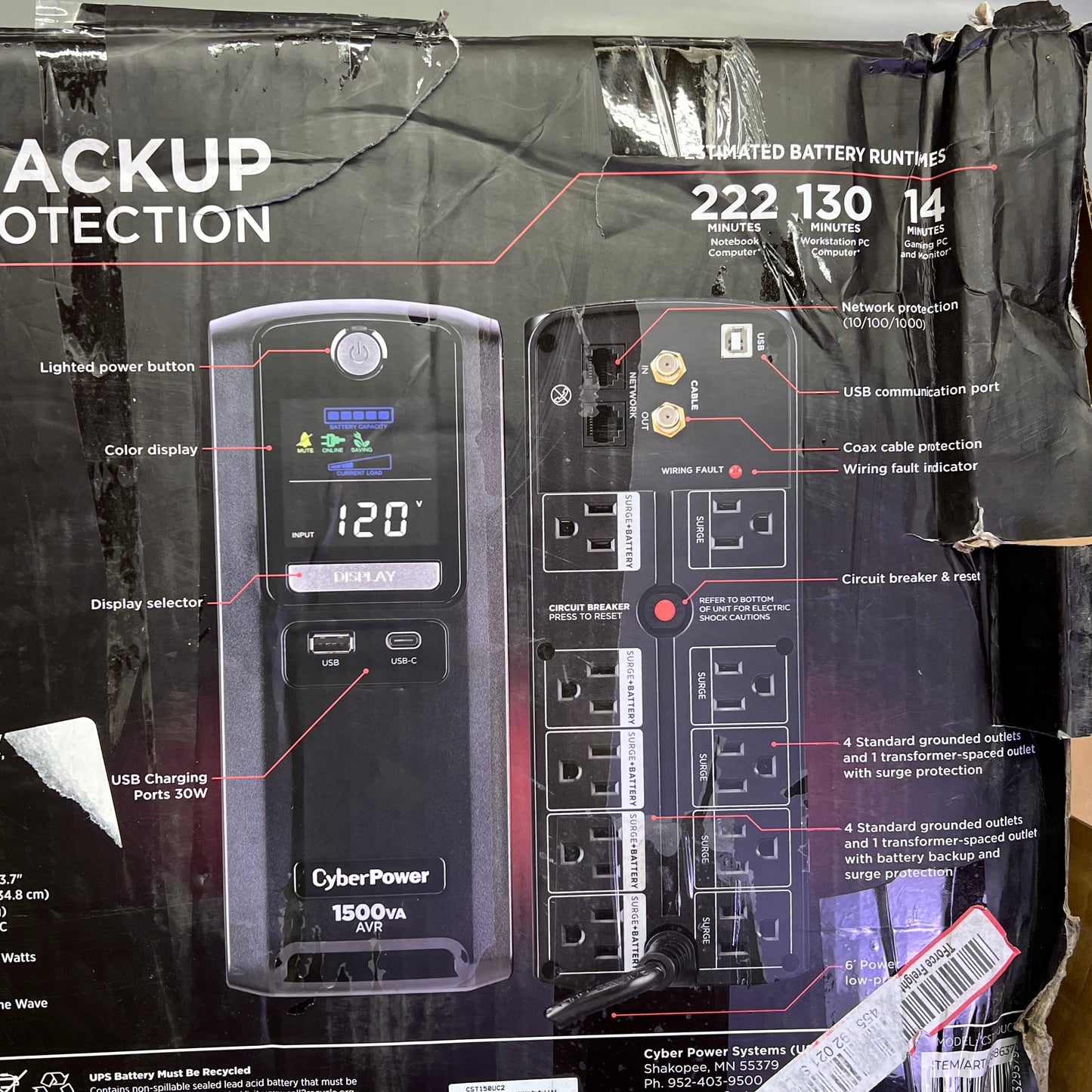 CYBERPOWER Battery Backup W/ Surge Protection 1500 VA 900 W 1705111 (Return)