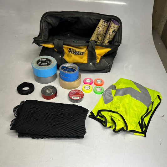ZA@ DEWALT Square Open Tool Bag W/ Assorted Tape, Sandpaper Safety Vest & More (Used)