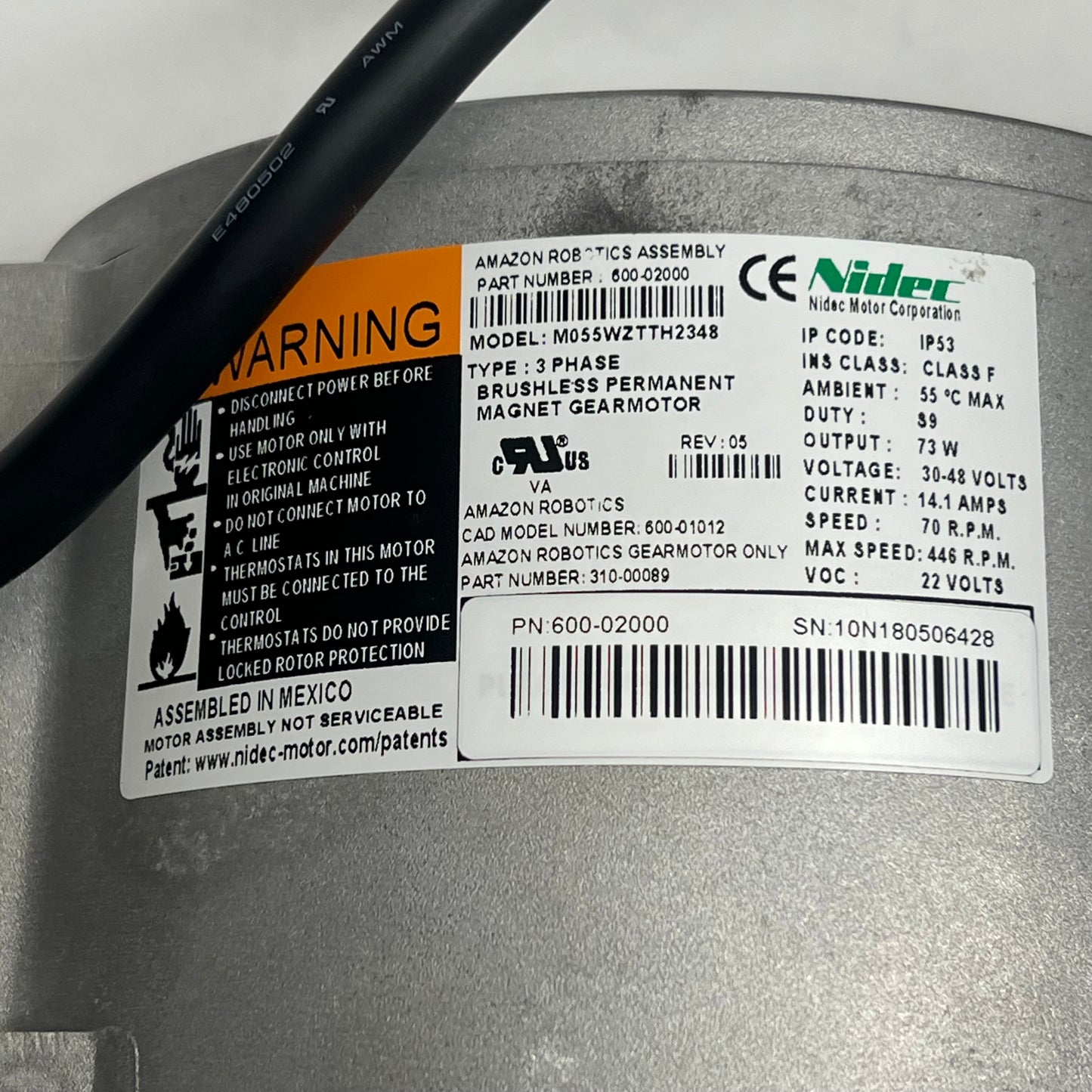 NIDEC 3 Phase Brushless Permanent Magnet Gearmotor 73W Output 600-02000