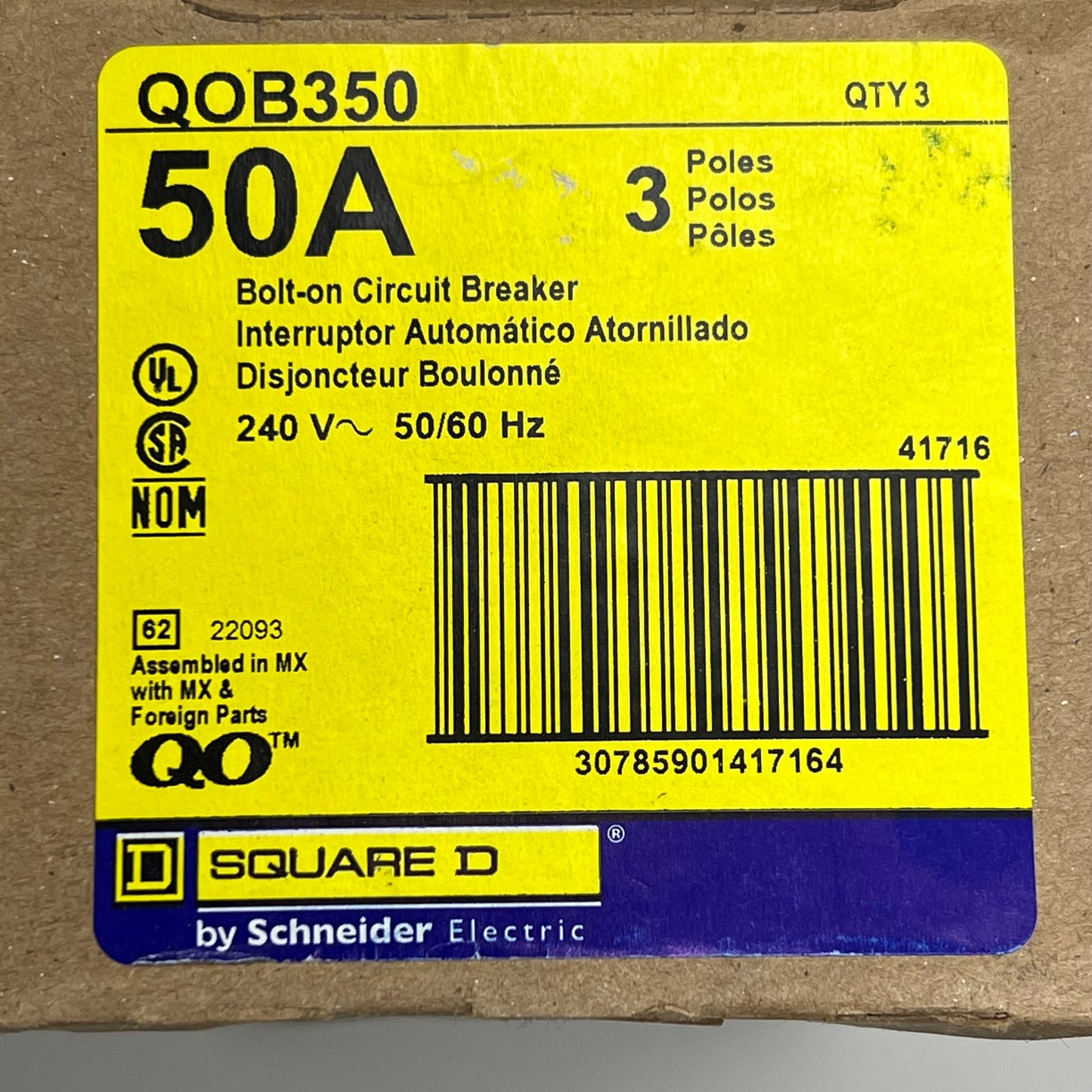 SQUARE D 50 Amp Circuit Breaker Bolt-On 50 Amp 3 Pole 240 Volt QOB350