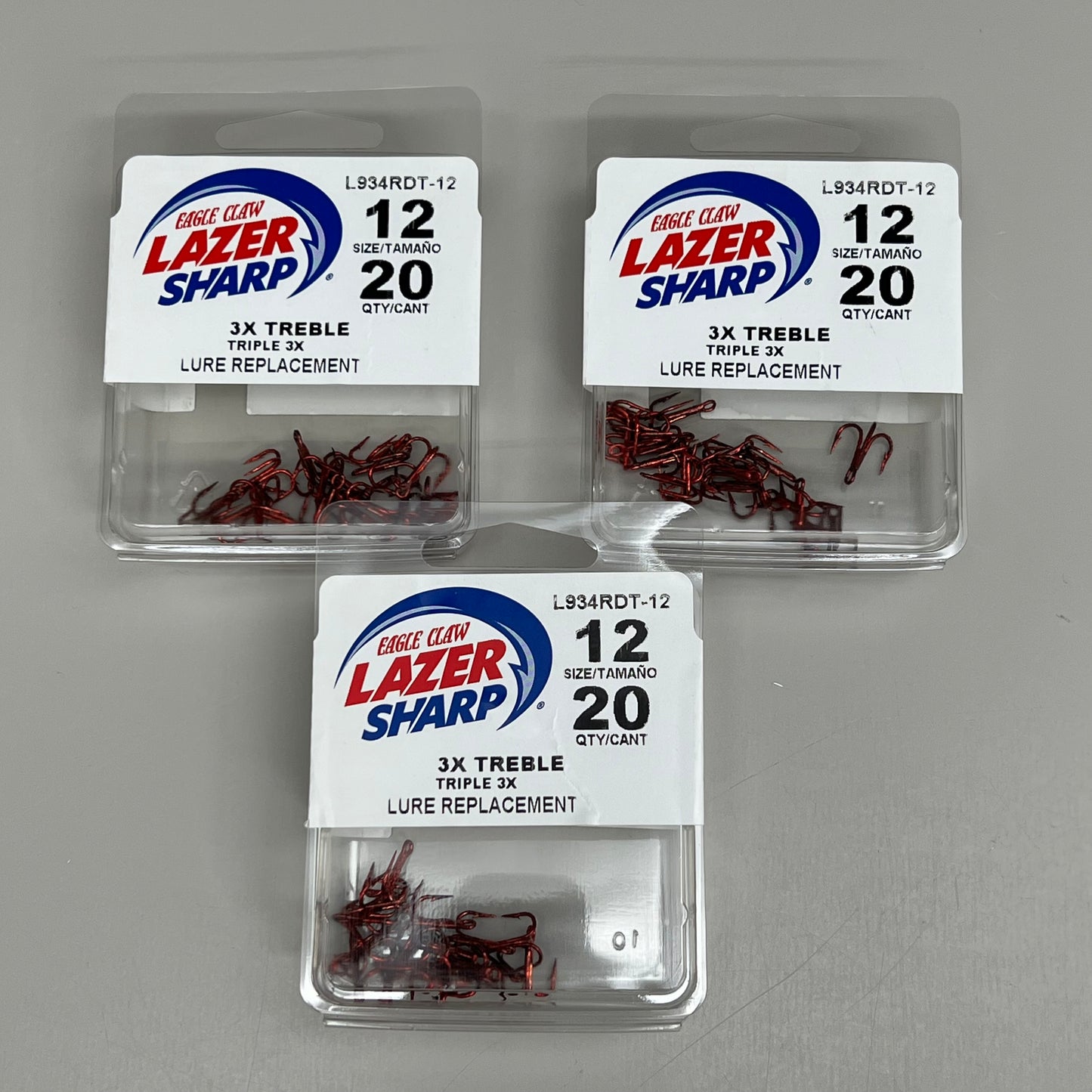 EAGLE CLAW (3 PACK) 3X Treble Regular Round Bend Hook Red #12 20pc L934RDT-12