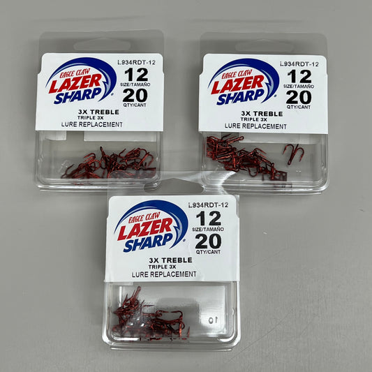 EAGLE CLAW (3 PACK) 3X Treble Regular Round Bend Hook Red #12 20pc L934RDT-12