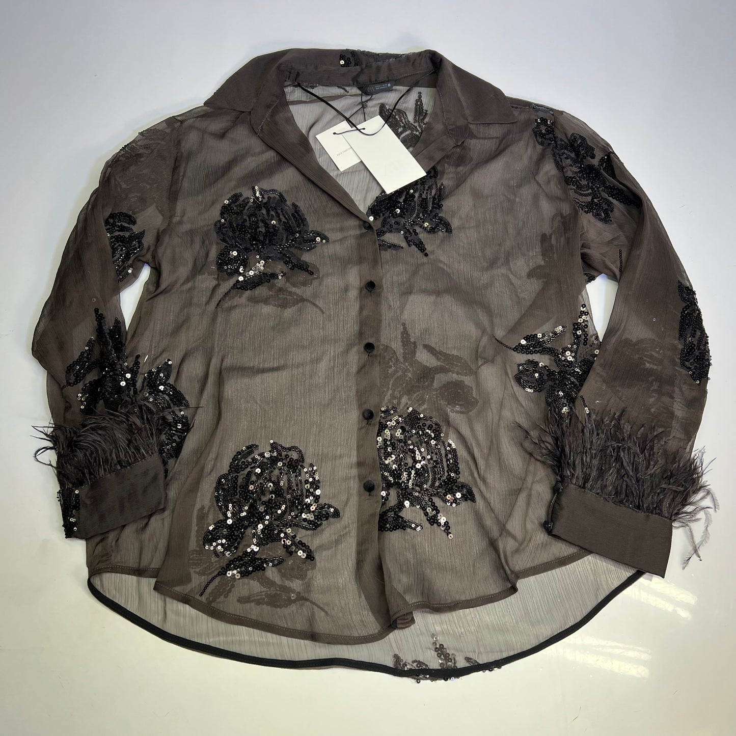 ZARA Button Up Semi-Sheer Sequin Feather Blouse Women's Sz XS Black/Brown