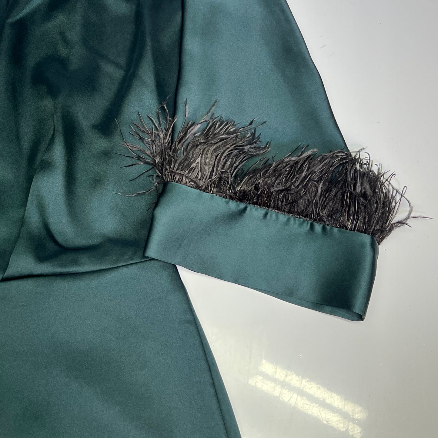 ZARA Open Back Feather Satin Effect Short Dress Women's Sz XS Dark Green/Black