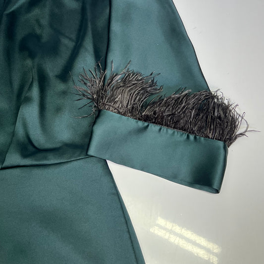 ZARA Open Back Feather Satin Effect Short Dress Women's Sz S Dark Green/Black