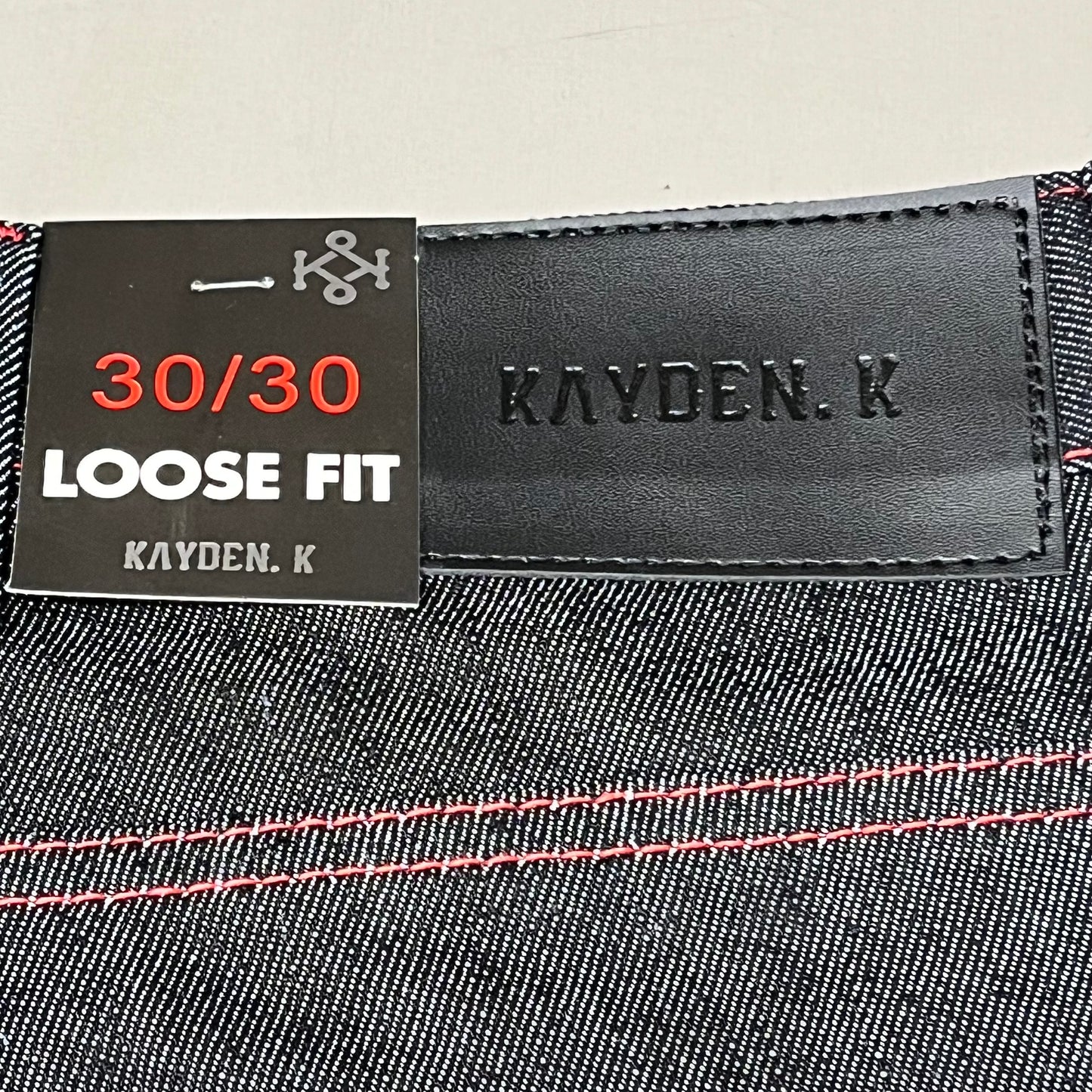 KAYDENK Raw Loose Fit Unwashed Denim Contrast Stitch Jean Men SZ 30/30 Black/Red