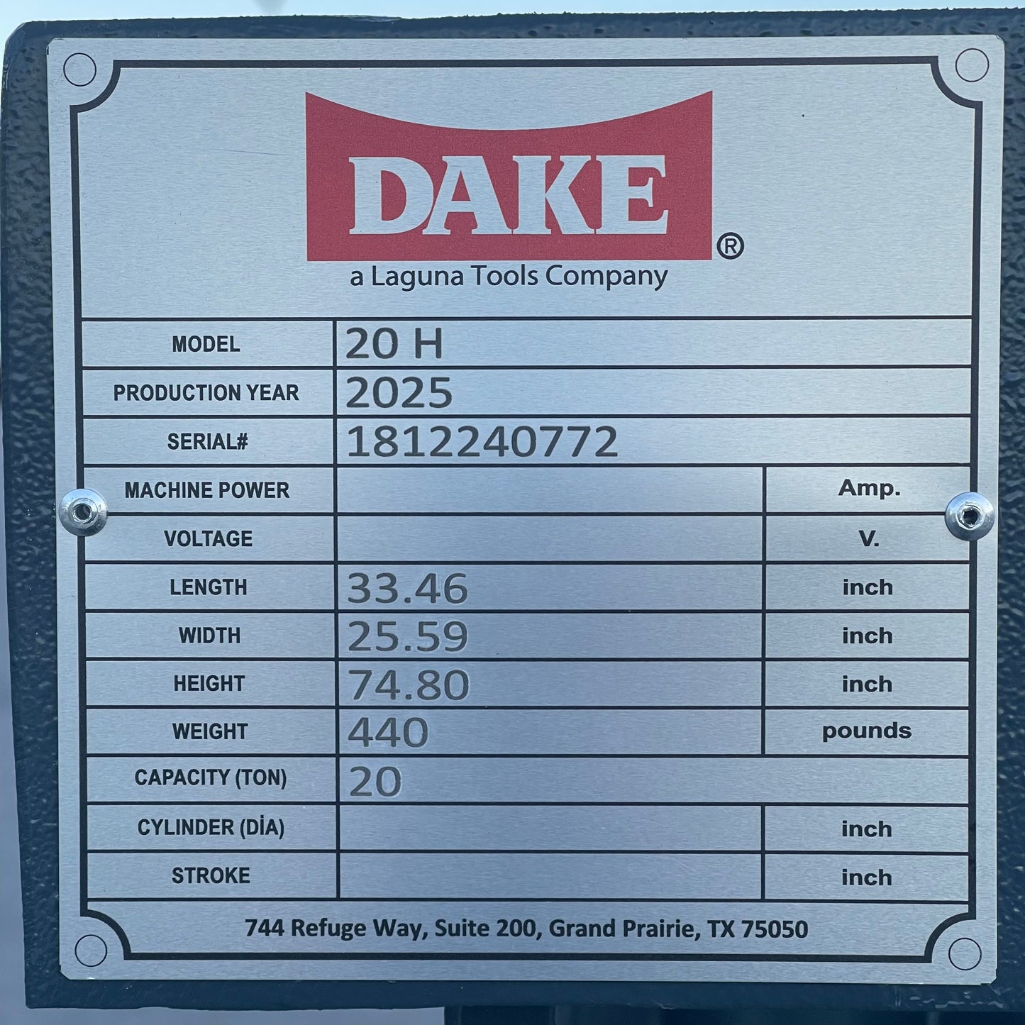 Z@ DAKE 20-Ton H-Frame Hydraulic Press 74.8”x33.5”x25.5” Grey 20 H (AS-IS)