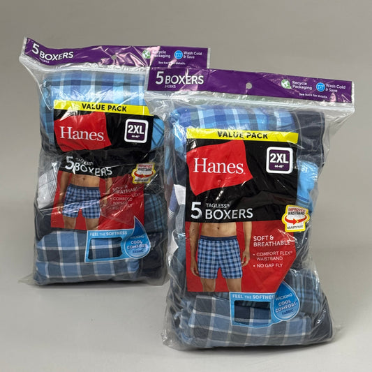 ZA@ HANES (2 PACK) Tagless Boxer Underwear Exposed Waist Band Men's 2XL Blue 5pk