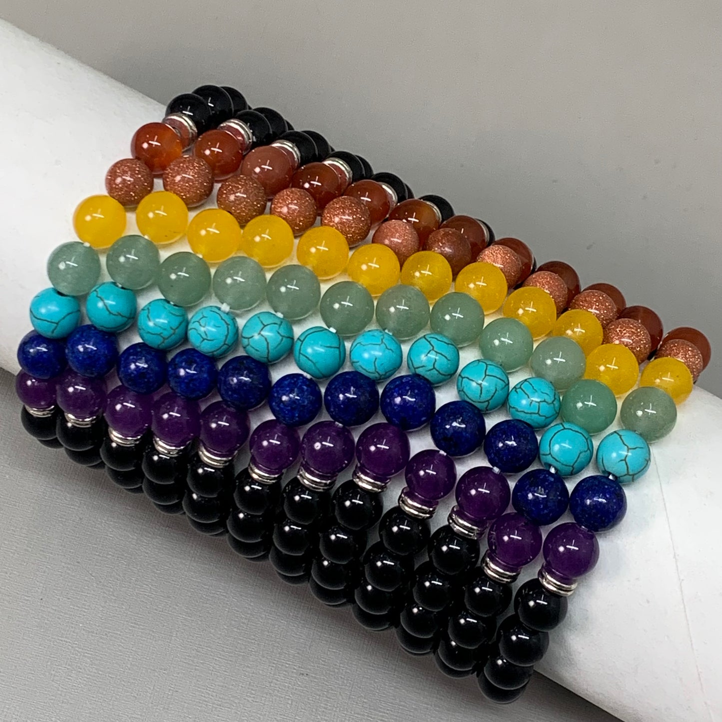 BEST WHOLESALE (12 PACK) Beaded Shiny Black-Rainbow Crystal Bracelets 3" New