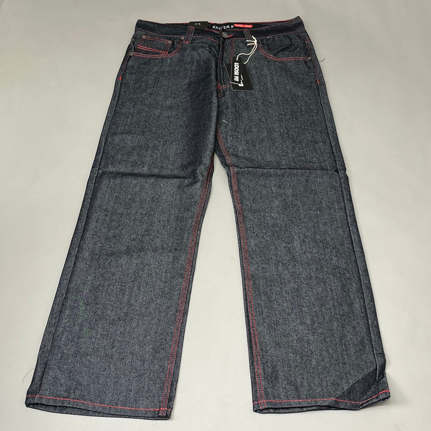 KAYDENK Raw Loose Fit Unwashed Denim Contrast Stitch Jean Men SZ 34/30 Black/Red