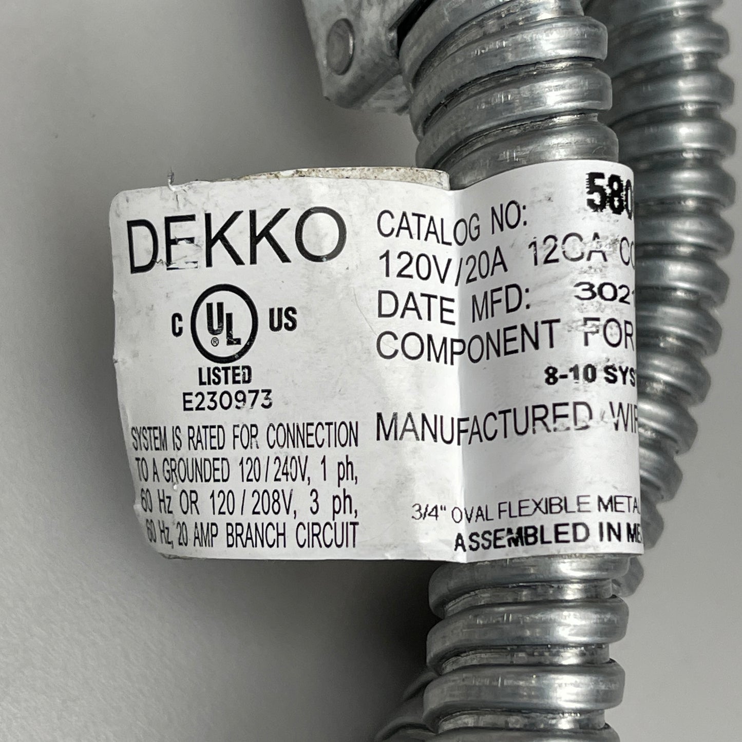 DEKKO 4'x 1" flexible conduit Ceiling Power Entry 580003.1.16 10 Wire 8-10 (New)