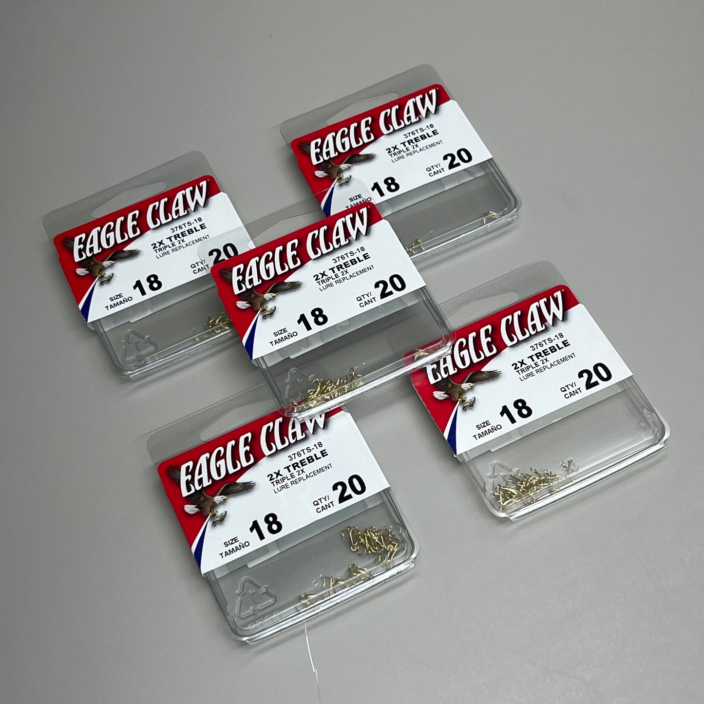 EAGLE CLAW (5 PACK) 2X Treble Hook Triple 2X Lure Repla Gold #18 20pc 376TS-18