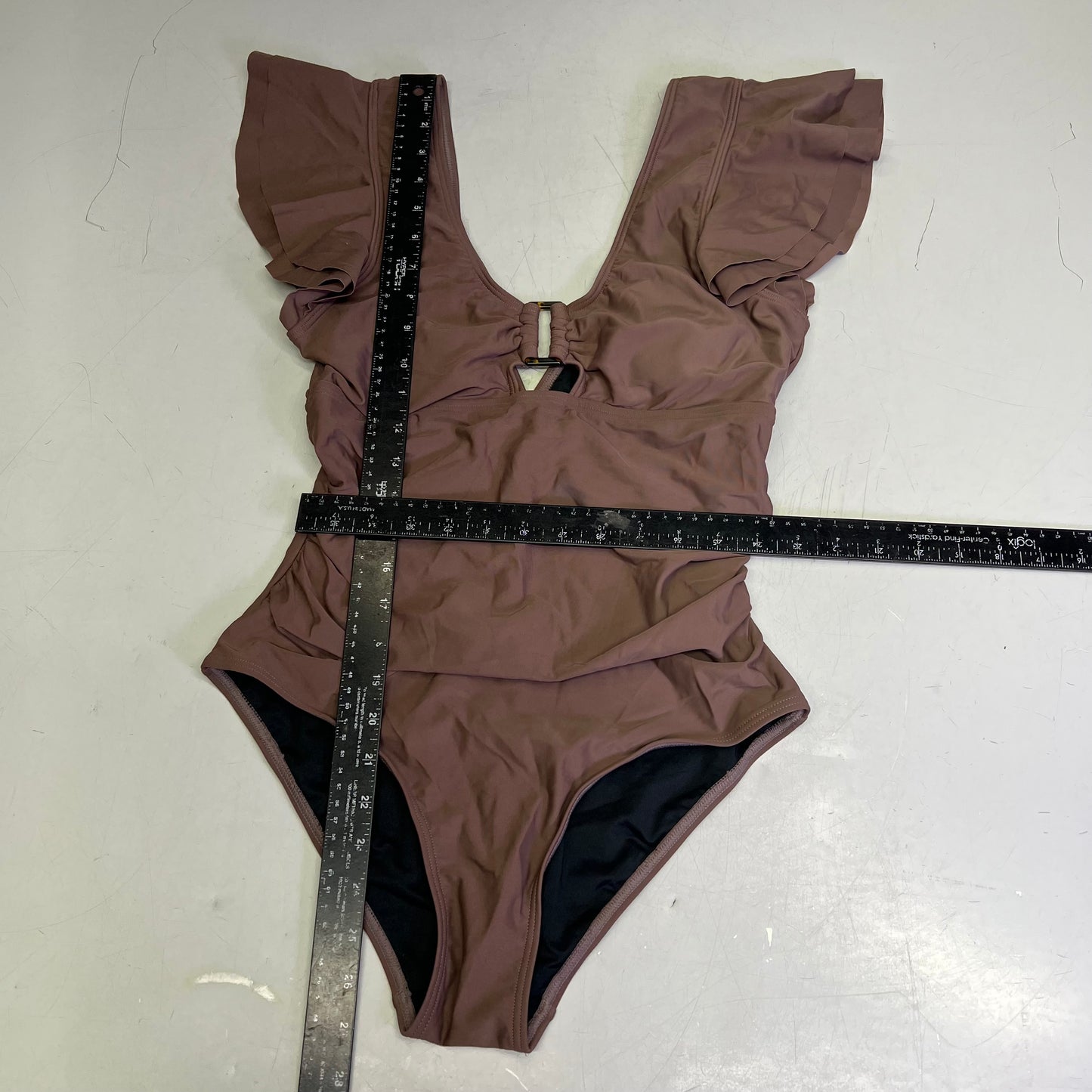 CHARMO Deep Scoop Neck Ruffle Cap Sleeve Swimsuit Women's Sz M Milk Chocolate