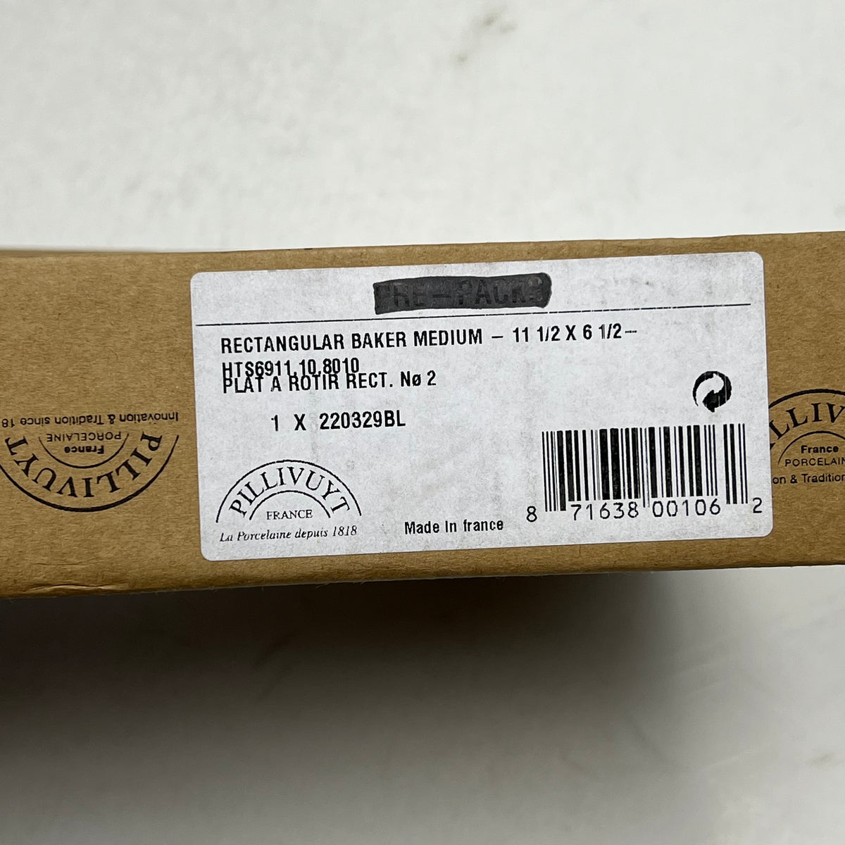PILLIVUYT Med Porcelain Rectangular Baker Anti Stick 11.5x6.5x1.75 1.5qt White