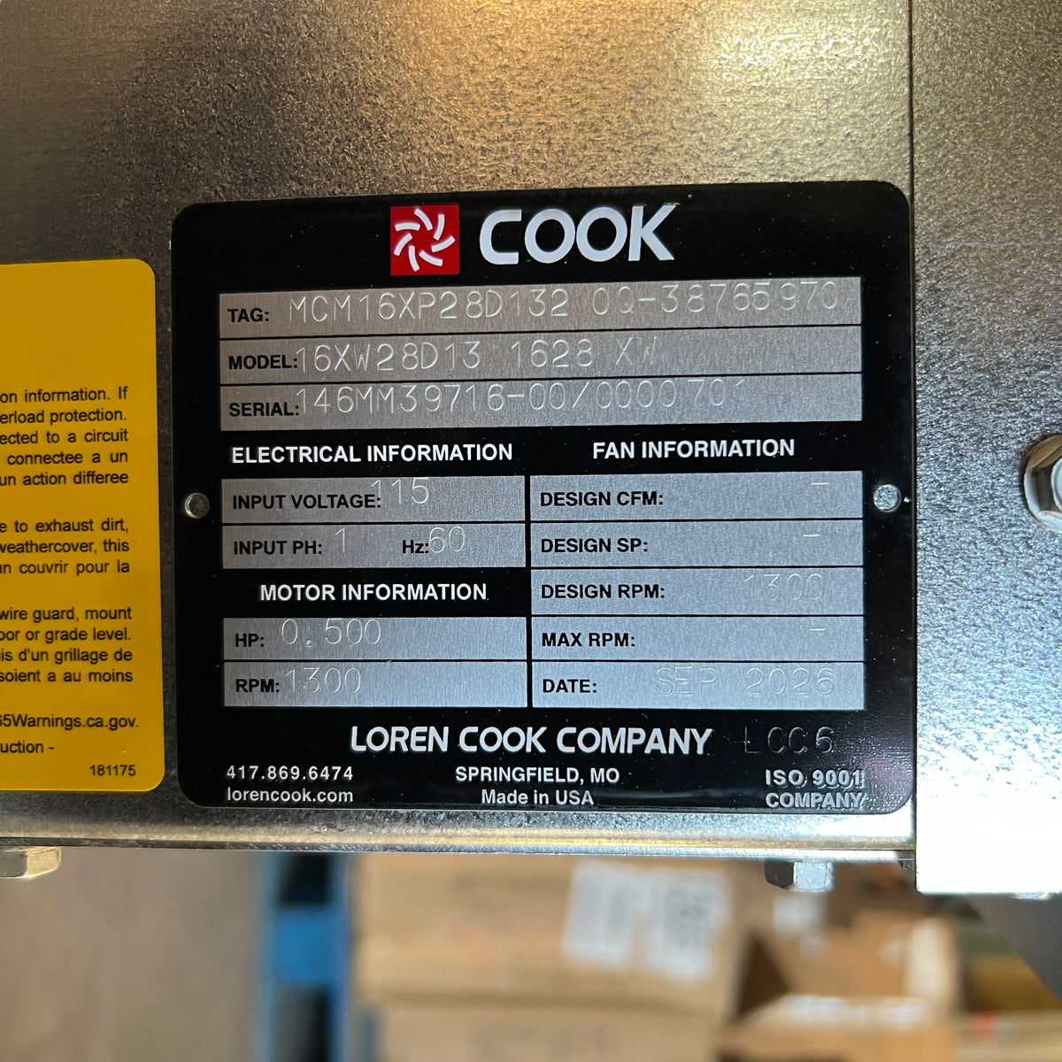 LOREN COOK Exhaust Fan Blower 1/2HP 115V 1300RPM Steel 16XW28D13 (New Other, Minor Bent)