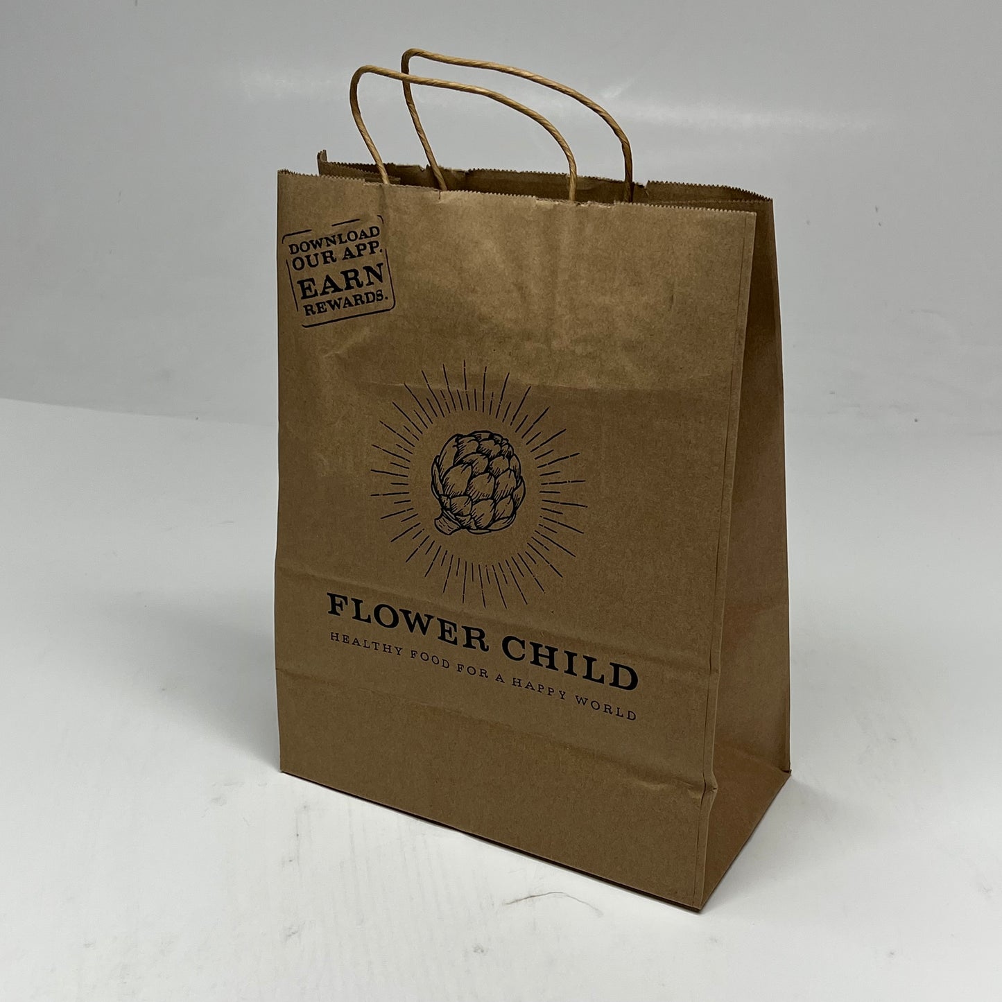 ZA@ FLOWER CHILD  (250 PACK) Healthy Food for Happy World Paper Grocery Bags  13"x10" Brown