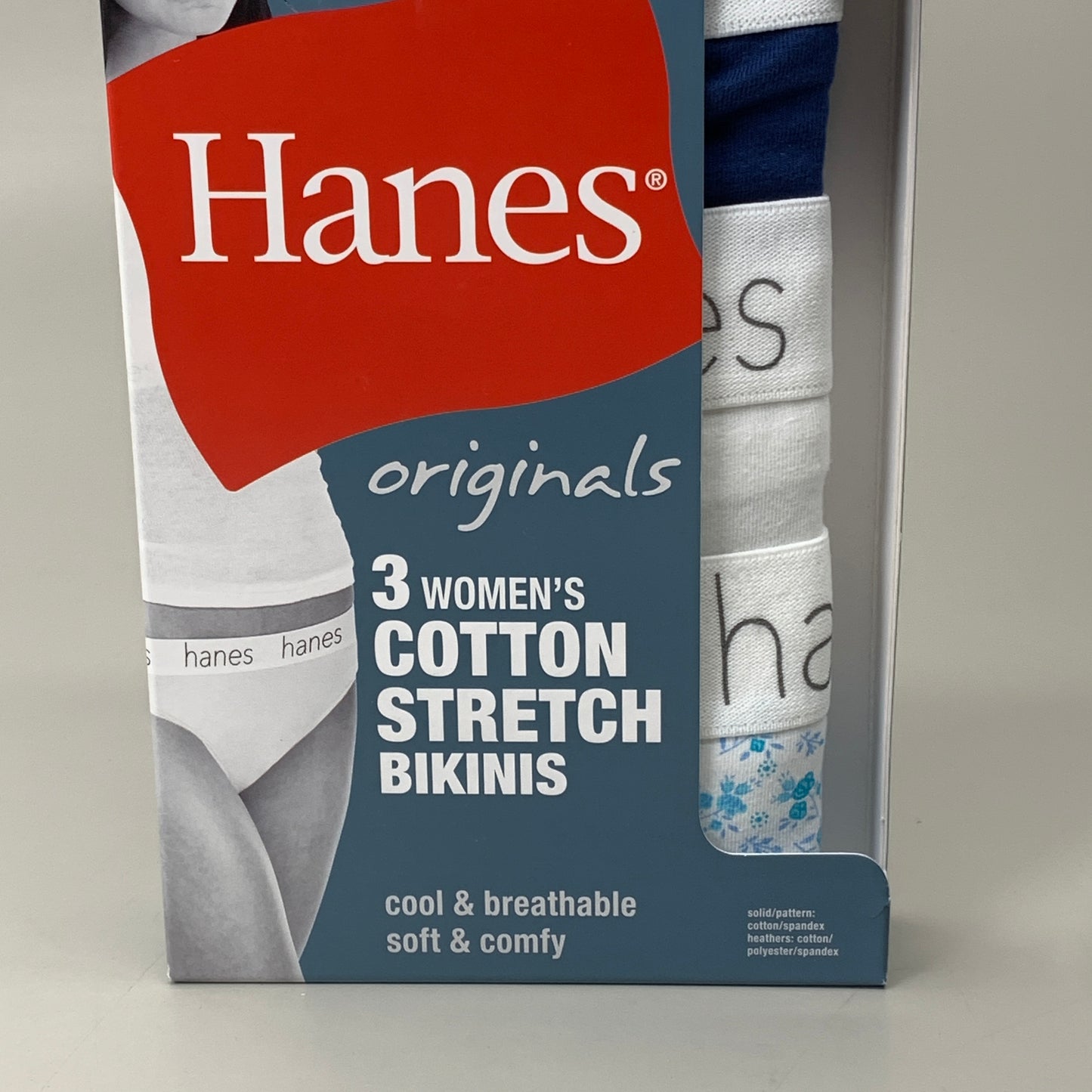 HANES 3 PACK!! Originals Women's Breathable Cotton Bikinis Underwear Sz 9/2XL Navy/White/Floral 45UOBK