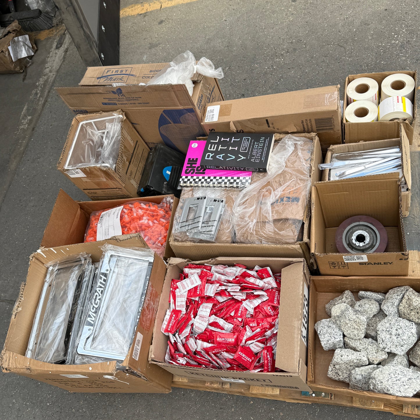 ZA@ Pallet of Rocks, Valves, Knives, Bags, Ketchup, Lids, cover plates, Wheel, Labels, & MORE!
