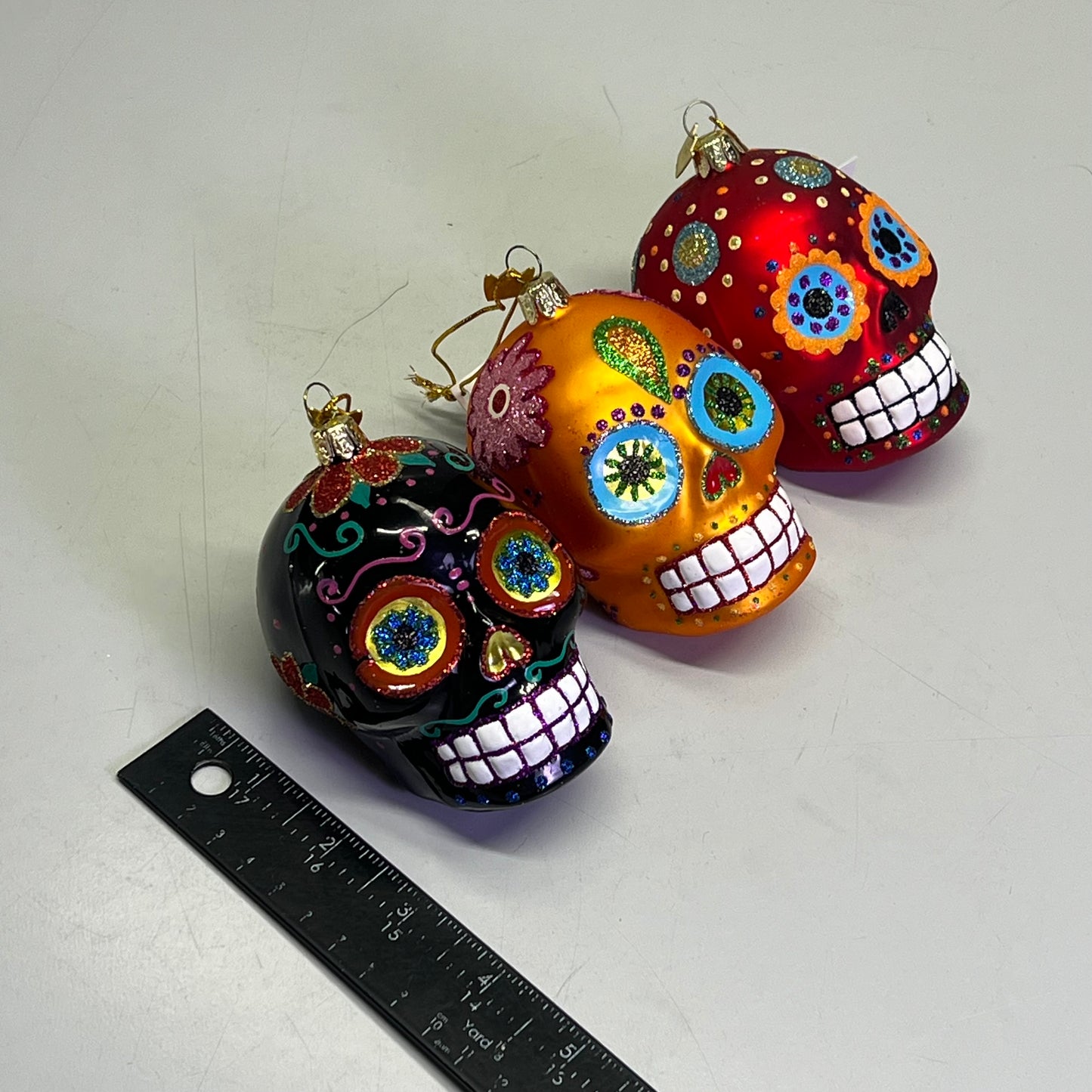 KURT S ADLER (3 PACK) Noble Gems Glass Sugar Skull Ornaments  3.5" Multicolor
