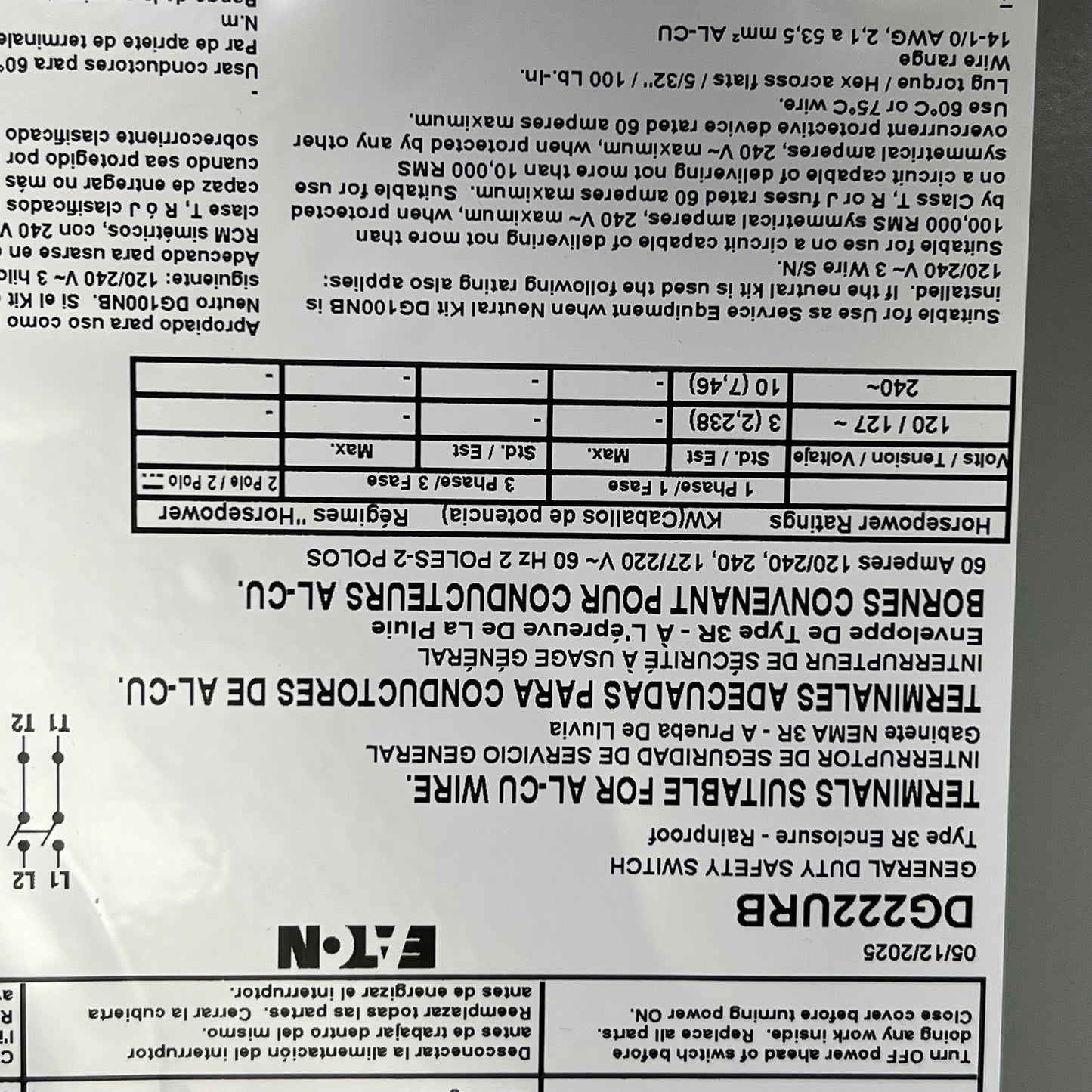 EATON  General Duty Non-Fusible Safety Switch Single Throw 60A NEMA 3R DG222URB