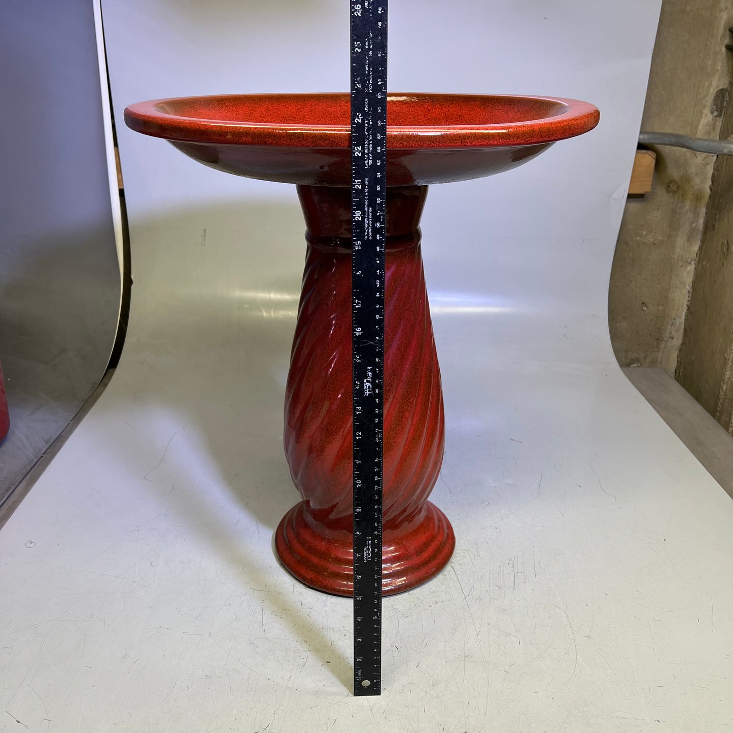 ZA@ Glazed Pottery 2 Piece Swirl Stand Bird Bath 22" L x 20" Dia Shiny Red