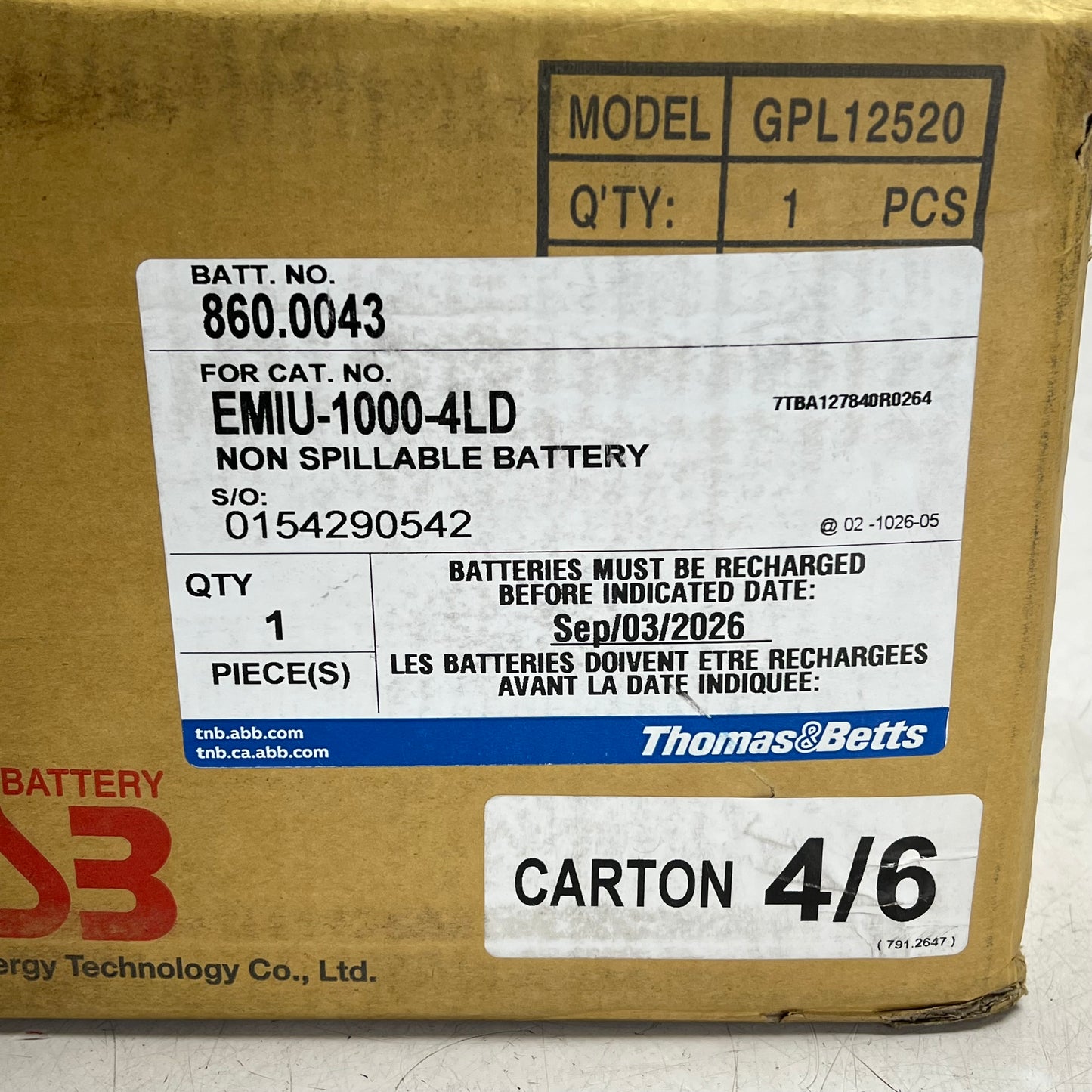 CSB Sealed Lead Acid Battery for Thomas & Betts Emiu-1000-4ld 12V 52Ah GPL 12520