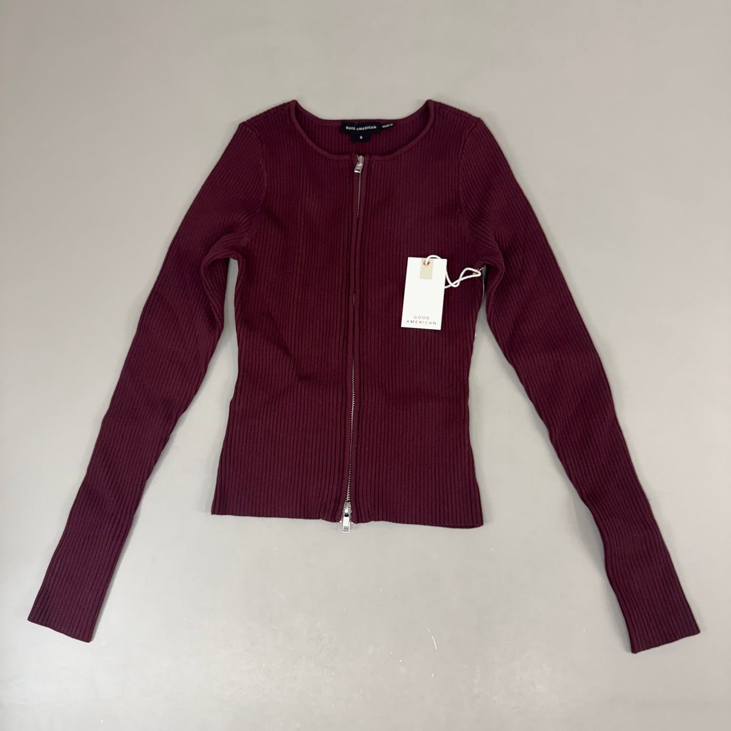 GOOD AMERICAN Shine Zipped Rib V-Neck Cardigan Women's Sz Small OXBLOOD002 GSK0263