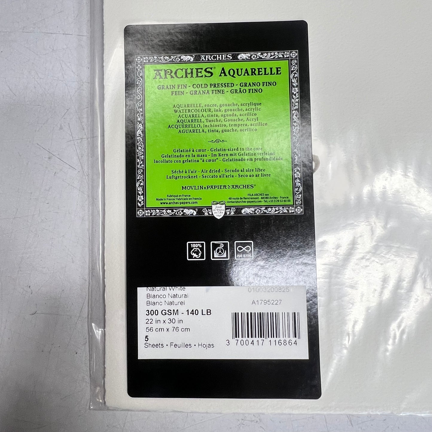 ARCHES AQUARELLE (5 SHEETS) Watercolor Papers 22"x30" Natural White 01003200825